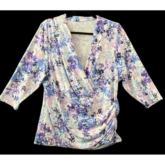 SOFT SURROUNDINGS Women Pullover V Neck Top Sz 1X Multicolor 3/4 Sleeves Floral - Picture 1 of 7